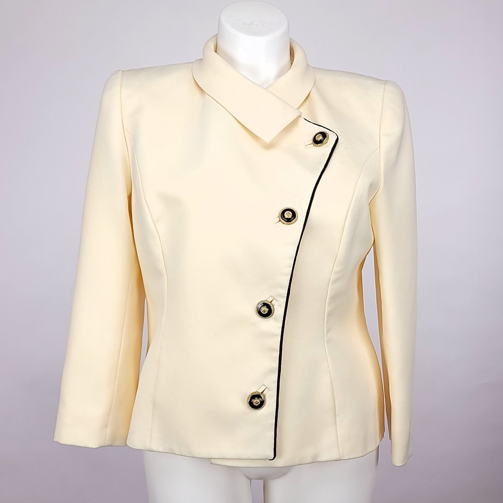 Simonton Studio Cream Asymmetrical Blazer Black Piping Gold Button Vintage Style